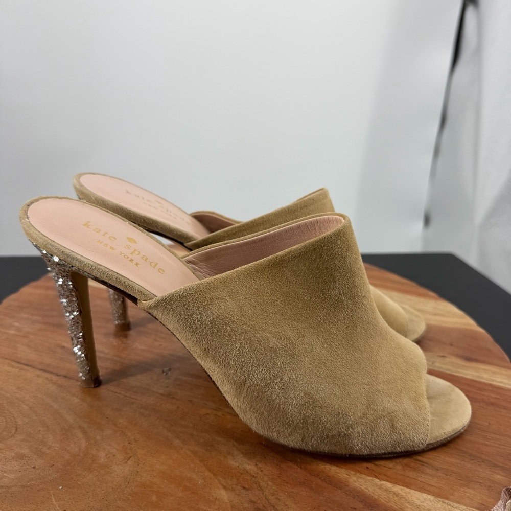 Kate Spade suede leather mule heels glitter-embellished stiletto heel open-toe 9